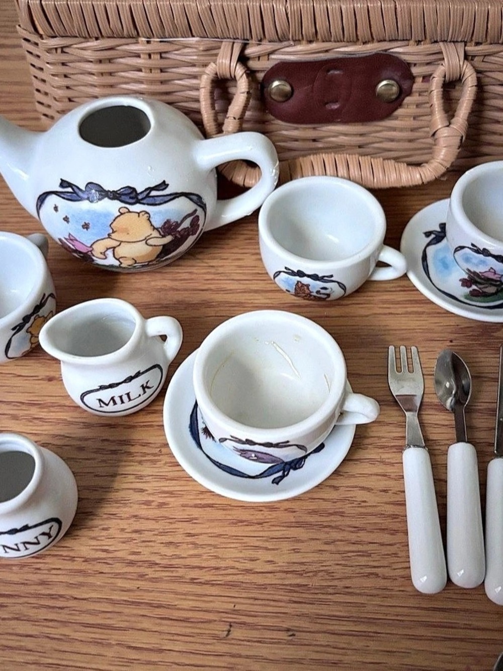 Vintage Winnie The Poo china Floral Tea Set with Wicker Basket